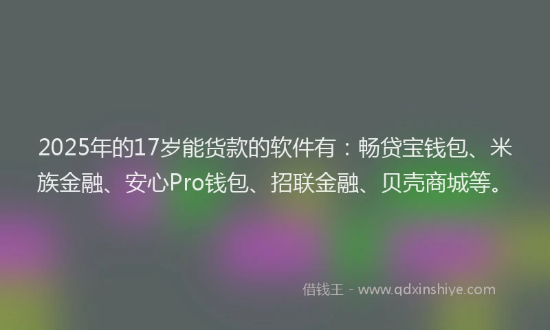2025年的17岁能货款的软件有：畅贷宝钱包、米族金融、安心Pro钱包、招联金融、贝壳商城等。