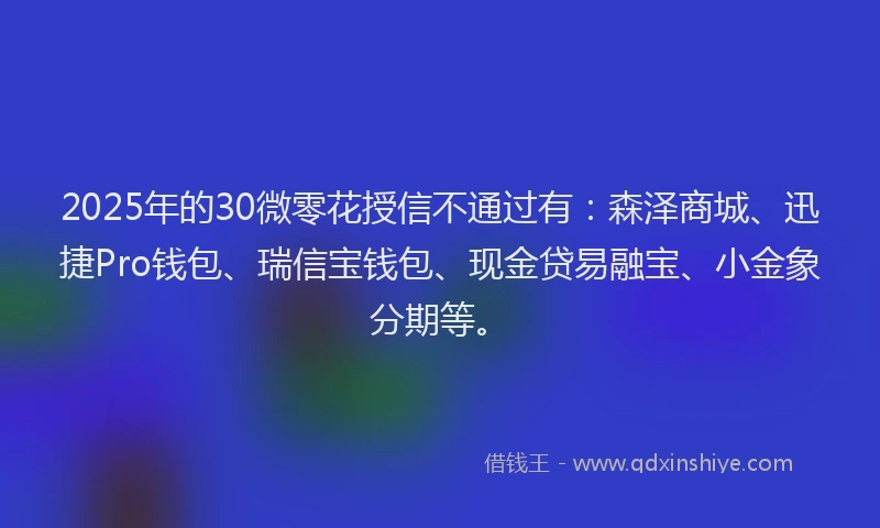 2025年的30微零花授信不通过有：森泽商城、迅捷Pro钱包、瑞信宝钱包、现金贷易融宝、小金象分期等。