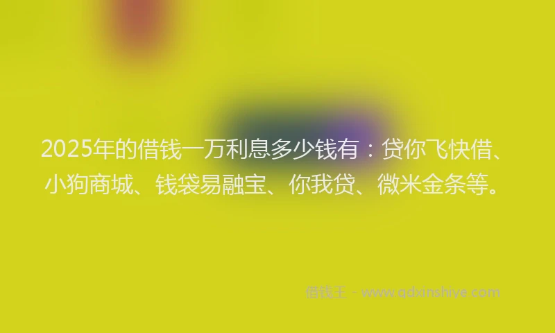 2025年的借钱一万利息多少钱有：贷你飞快借、小狗商城、钱袋易融宝、你我贷、微米金条等。