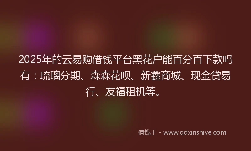 2025年的云易购借钱平台黑花户能百分百下款吗有：琉璃分期、森森花呗、新鑫商城、现金贷易行、友福租机等。