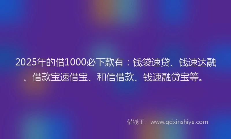 2025年的借1000必下款有：钱袋速贷、钱速达融、借款宝速借宝、和信借款、钱速融贷宝等。