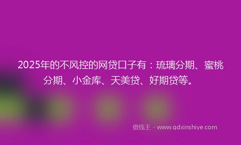 2025年的不风控的网贷口子有:琉璃分期、蜜桃分期、小金库、天美贷、好期贷等。