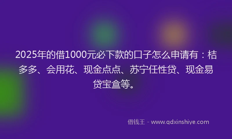 2025年的借1000元必下款的口子怎么申请有：桔多多、会用花、现金点点、苏宁任性贷、现金易贷宝盒等。