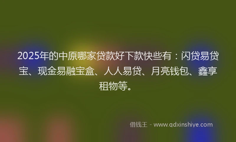 2025年的中原哪家贷款好下款快些有：闪贷易贷宝、现金易融宝盒、人人易贷、月亮钱包、鑫享租物等。