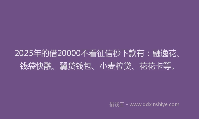 2025年的借20000不看征信秒下款有：融逸花、钱袋快融、翼贷钱包、小麦粒贷、花花卡等。