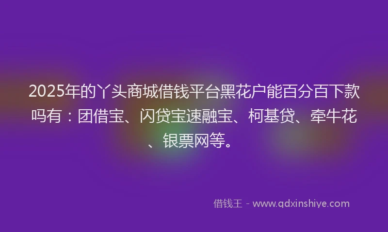 2025年的丫头商城借钱平台黑花户能百分百下款吗有：团借宝、闪贷宝速融宝、柯基贷、牵牛花、银票网等。