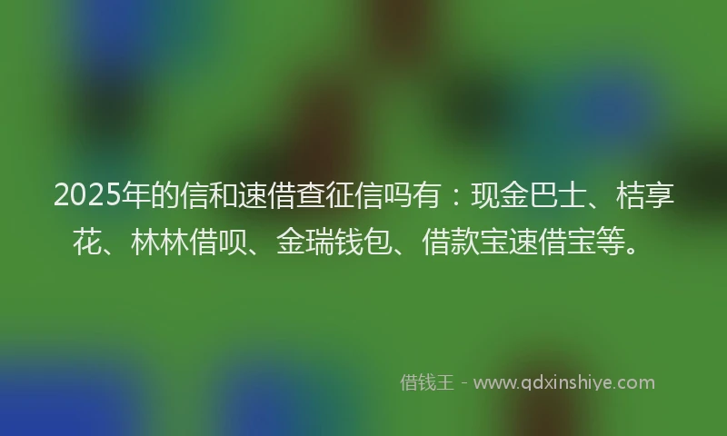 2025年的信和速借查征信吗有：现金巴士、桔享花、林林借呗、金瑞钱包、借款宝速借宝等。