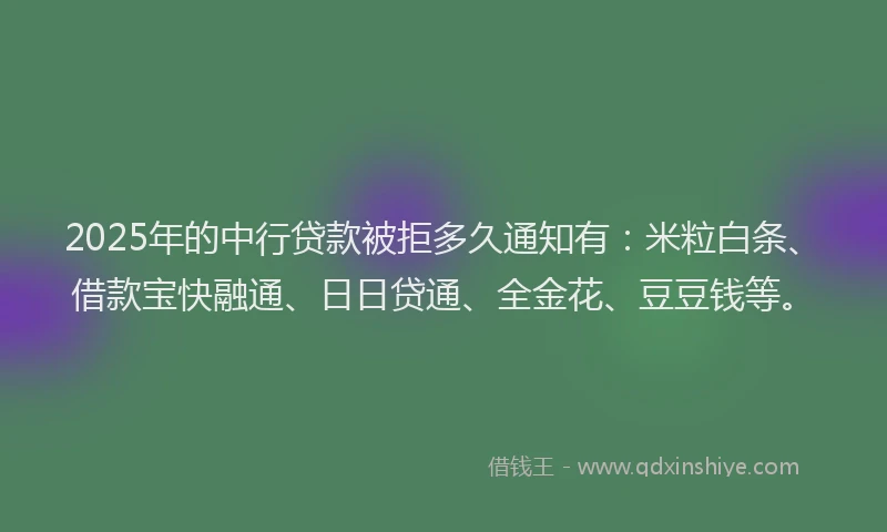 2025年的中行贷款被拒多久通知有：米粒白条、借款宝快融通、日日贷通、全金花、豆豆钱等。