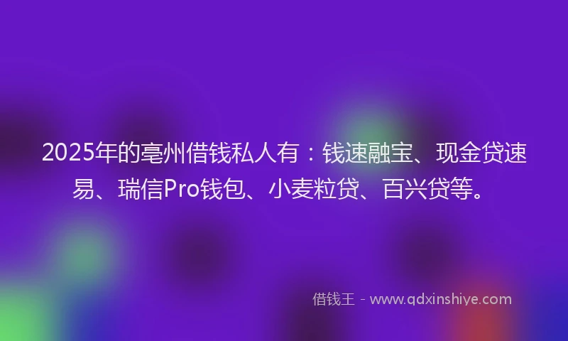 2025年的亳州借钱私人有：钱速融宝、现金贷速易、瑞信Pro钱包、小麦粒贷、百兴贷等。