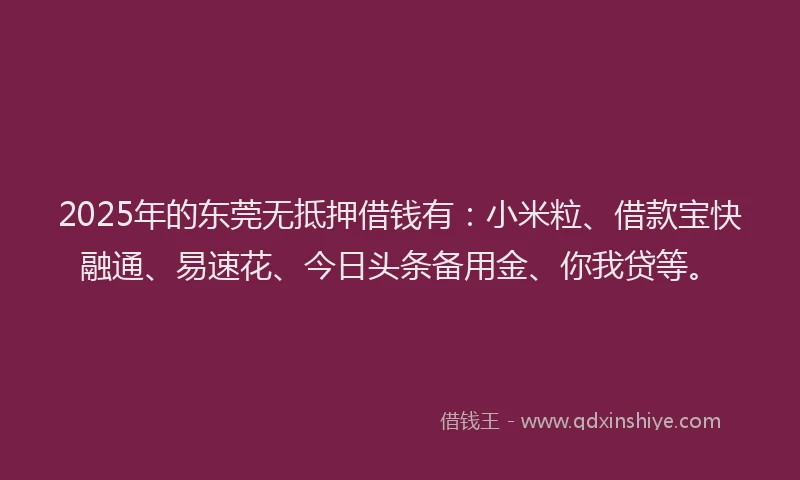 2025年的东莞无抵押借钱有：小米粒、借款宝快融通、易速花、今日头条备用金、你我贷等。
