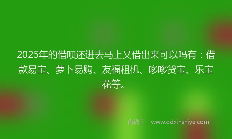 2025年的借呗还进去马上又借出来可以吗有：借款易宝、萝卜易购、友福租机、哆哆贷宝、乐宝花等。
