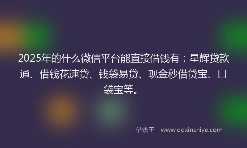 2025年的什么微信平台能直接借钱有:星辉贷款通、借钱花速贷、钱袋易贷、现金秒借贷宝、口袋宝等。