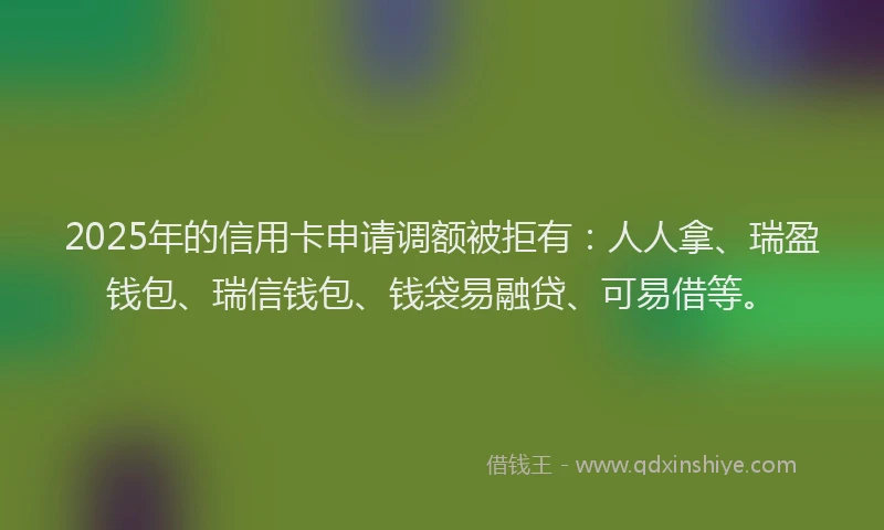 2025年的信用卡申请调额被拒有：人人拿、瑞盈钱包、瑞信钱包、钱袋易融贷、可易借等。