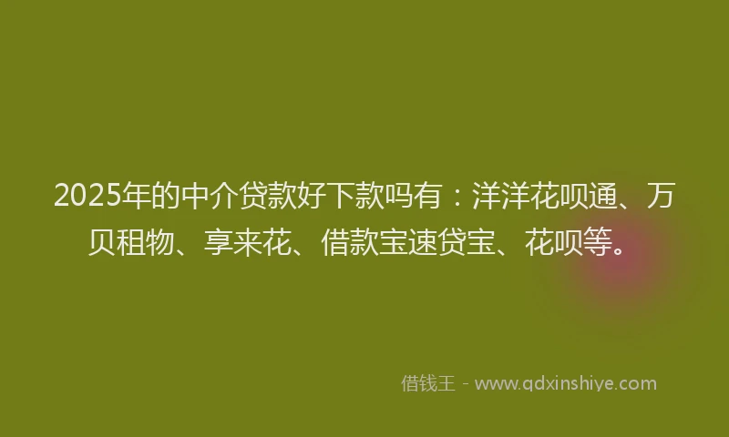 2025年的中介贷款好下款吗有：洋洋花呗通、万贝租物、享来花、借款宝速贷宝、花呗等。