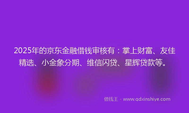 2025年的京东金融借钱审核有：掌上财富、友佳精选、小金象分期、维信闪贷、星辉贷款等。