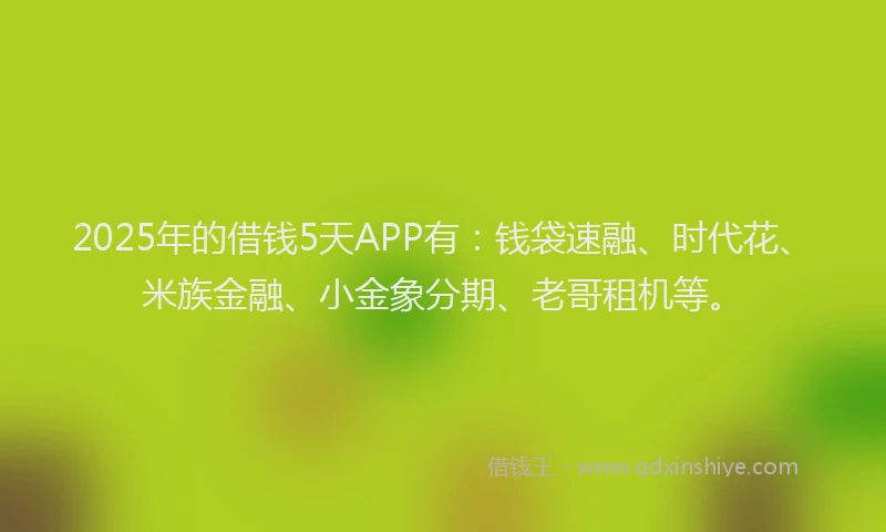 2025年的借钱5天APP有：钱袋速融、时代花、米族金融、小金象分期、老哥租机等。
