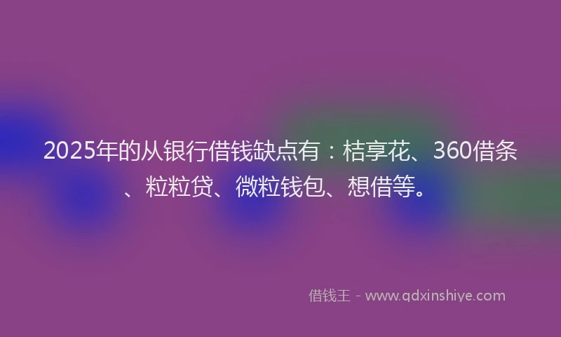 2025年的从银行借钱缺点有：桔享花、360借条、粒粒贷、微粒钱包、想借等。