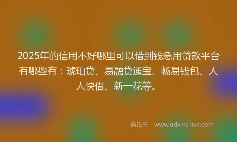 2025年的信用不好哪里可以借到钱急用贷款平台有哪些有：琥珀贷、易融贷通宝、畅易钱包、人人快借、新一花等。