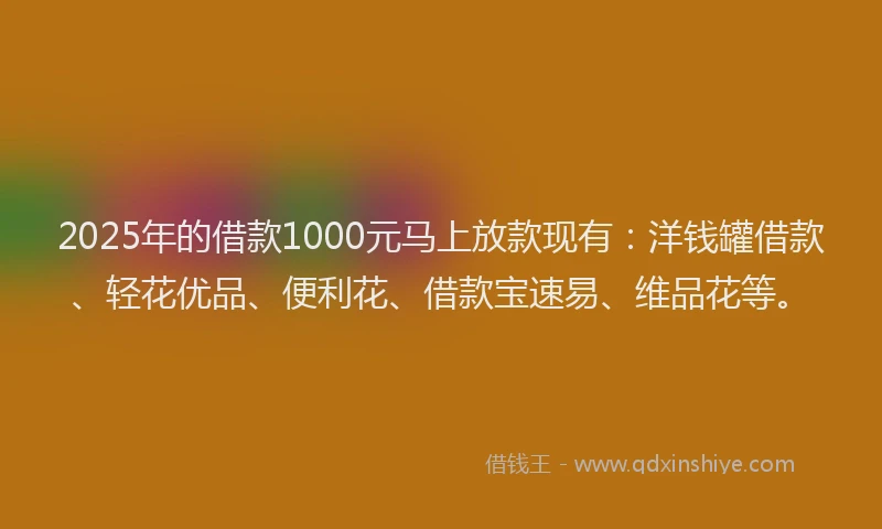 2025年的借款1000元马上放款现有：洋钱罐借款、轻花优品、便利花、借款宝速易、维品花等。