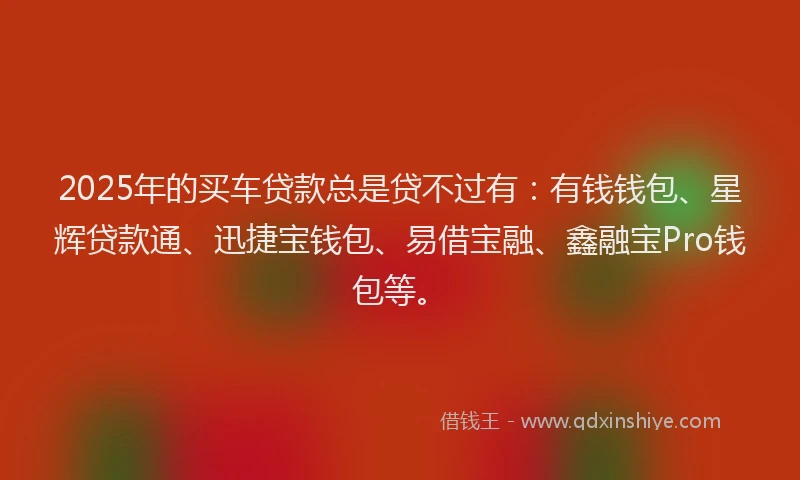 2025年的买车贷款总是贷不过有：有钱钱包、星辉贷款通、迅捷宝钱包、易借宝融、鑫融宝Pro钱包等。