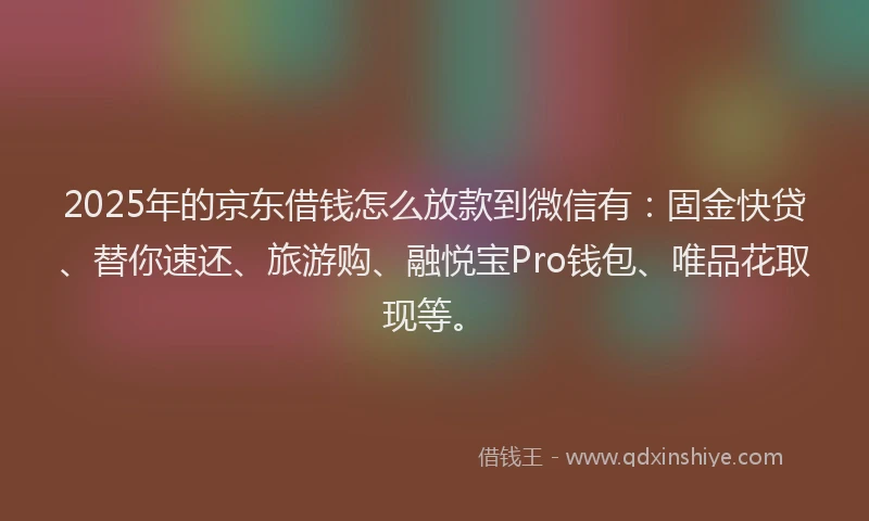 2025年的京东借钱怎么放款到微信有：固金快贷、替你速还、旅游购、融悦宝Pro钱包、唯品花取现等。