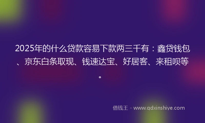 2025年的什么贷款容易下款两三千有:鑫贷钱包、京东白条取现、钱速达宝、好居客、来租呗等。