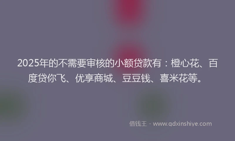 2025年的不需要审核的小额贷款有：橙心花、百度贷你飞、优享商城、豆豆钱、喜米花等。