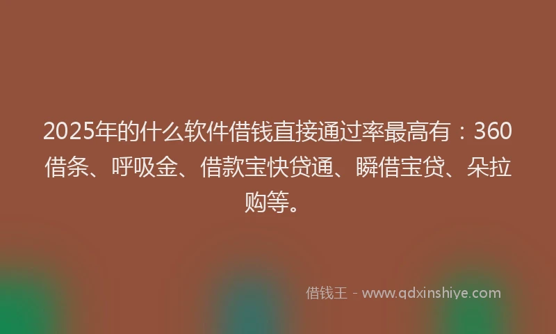 2025年的什么软件借钱直接通过率最高有：360借条、呼吸金、借款宝快贷通、瞬借宝贷、朵拉购等。