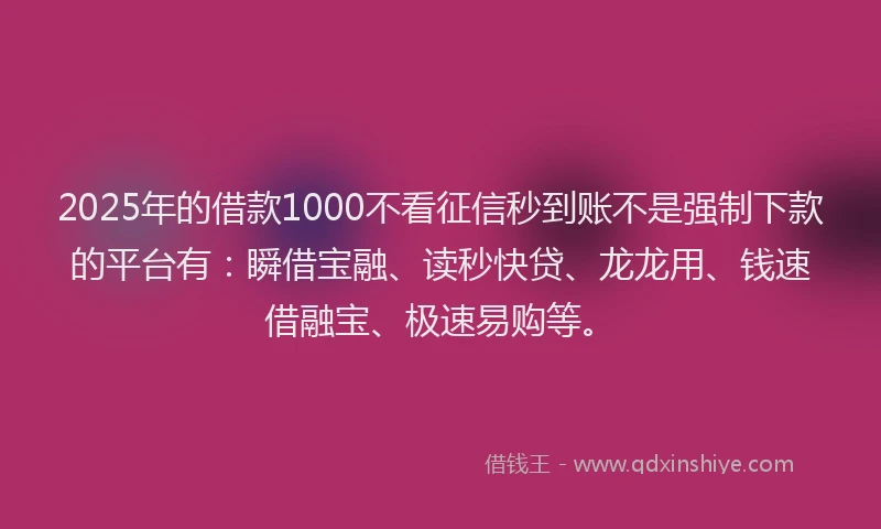 2025年的借款1000不看征信秒到账不是强制下款的平台有：瞬借宝融、读秒快贷、龙龙用、钱速借融宝、极速易购等。
