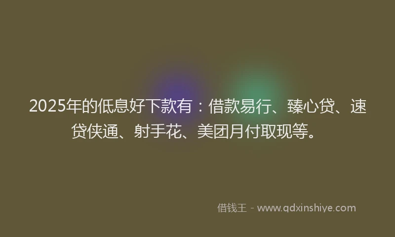 2025年的低息好下款有：借款易行、臻心贷、速贷侠通、射手花、美团月付取现等。