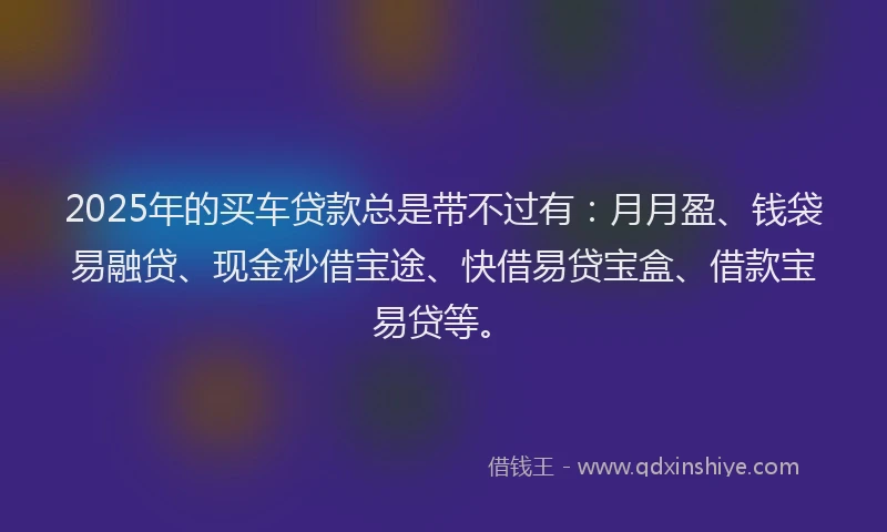 2025年的买车贷款总是带不过有：月月盈、钱袋易融贷、现金秒借宝途、快借易贷宝盒、借款宝易贷等。