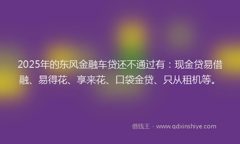 2025年的东风金融车贷还不通过有：现金贷易借融、易得花、享来花、口袋金贷、只从租机等。