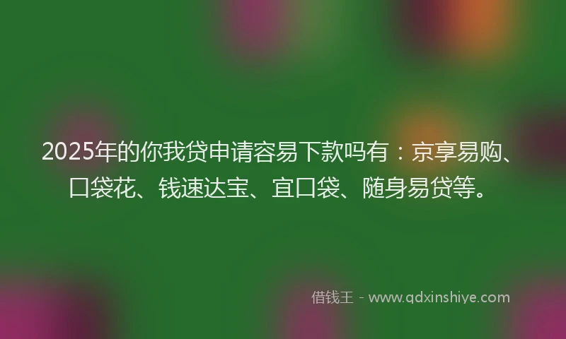 2025年的你我贷申请容易下款吗有：京享易购、口袋花、钱速达宝、宜口袋、随身易贷等。