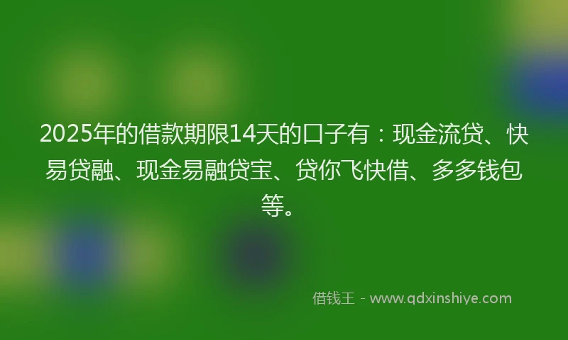 2025年的借款期限14天的口子有：现金流贷、快易贷融、现金易融贷宝、贷你飞快借、多多钱包等。