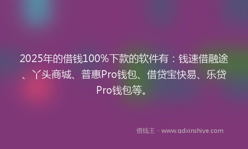 2025年的借钱100%下款的软件有：钱速借融途、丫头商城、普惠Pro钱包、借贷宝快易、乐贷Pro钱包等。