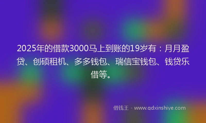 2025年的借款3000马上到账的19岁有：月月盈贷、创硕租机、多多钱包、瑞信宝钱包、钱贷乐借等。