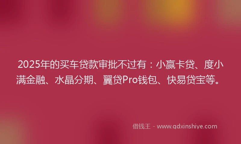 2025年的买车贷款审批不过有：小赢卡贷、度小满金融、水晶分期、翼贷Pro钱包、快易贷宝等。