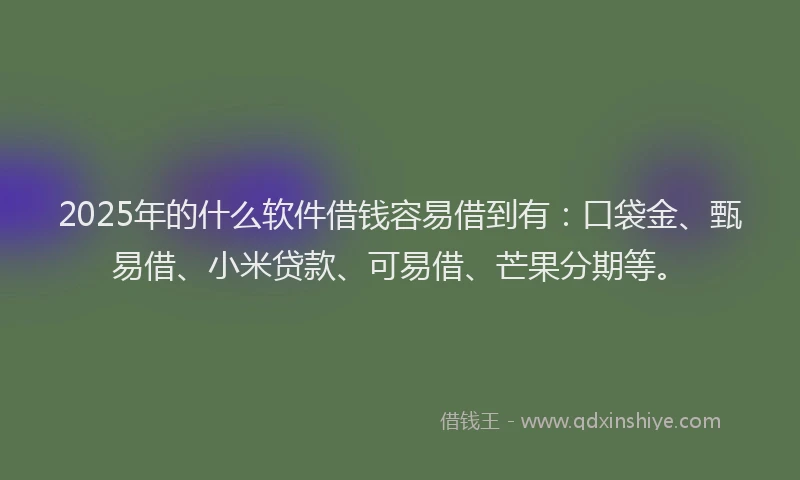 2025年的什么软件借钱容易借到有：口袋金、甄易借、小米贷款、可易借、芒果分期等。