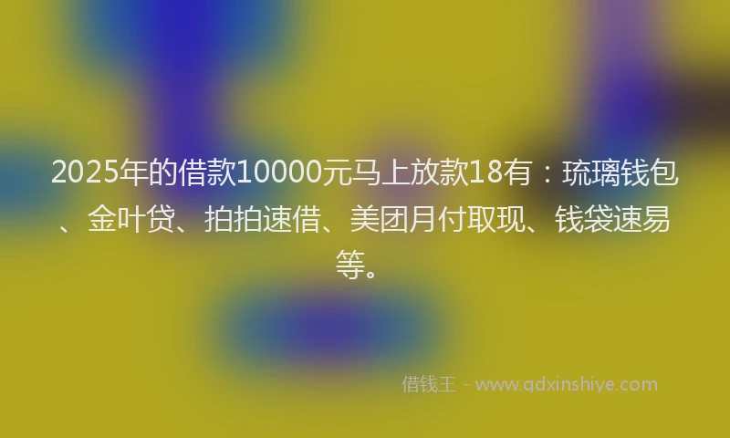 2025年的借款10000元马上放款18有：琉璃钱包、金叶贷、拍拍速借、美团月付取现、钱袋速易等。