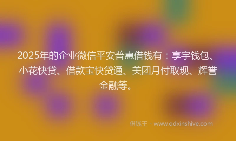 2025年的企业微信平安普惠借钱有：享宇钱包、小花快贷、借款宝快贷通、美团月付取现、辉誉金融等。