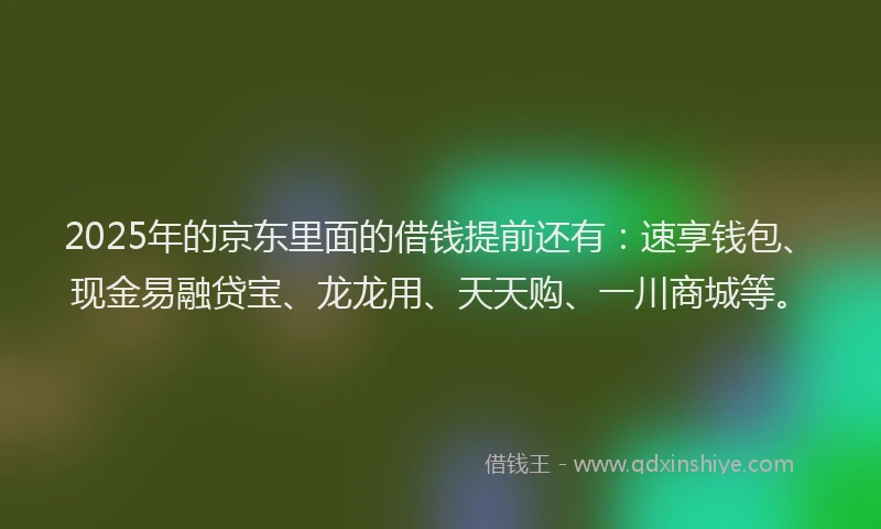 2025年的京东里面的借钱提前还有：速享钱包、现金易融贷宝、龙龙用、天天购、一川商城等。