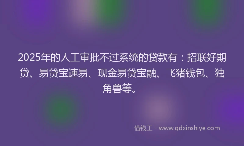 2025年的人工审批不过系统的贷款有：招联好期贷、易贷宝速易、现金易贷宝融、飞猪钱包、独角兽等。