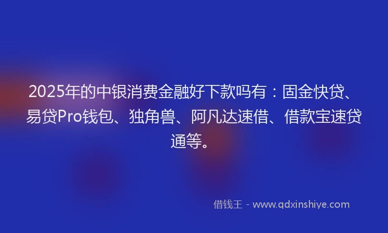 2025年的中银消费金融好下款吗有：固金快贷、易贷Pro钱包、独角兽、阿凡达速借、借款宝速贷通等。