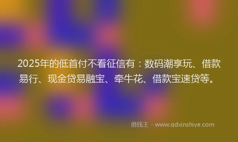 2025年的低首付不看征信有：数码潮享玩、借款易行、现金贷易融宝、牵牛花、借款宝速贷等。