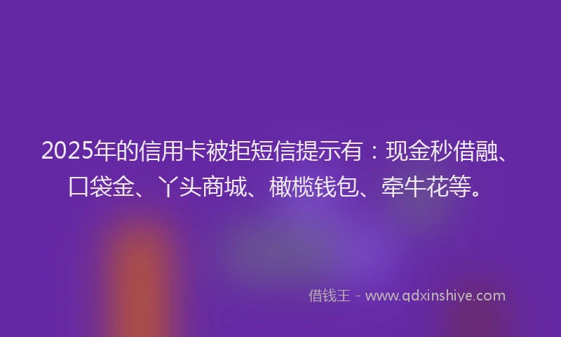 2025年的信用卡被拒短信提示有：现金秒借融、口袋金、丫头商城、橄榄钱包、牵牛花等。
