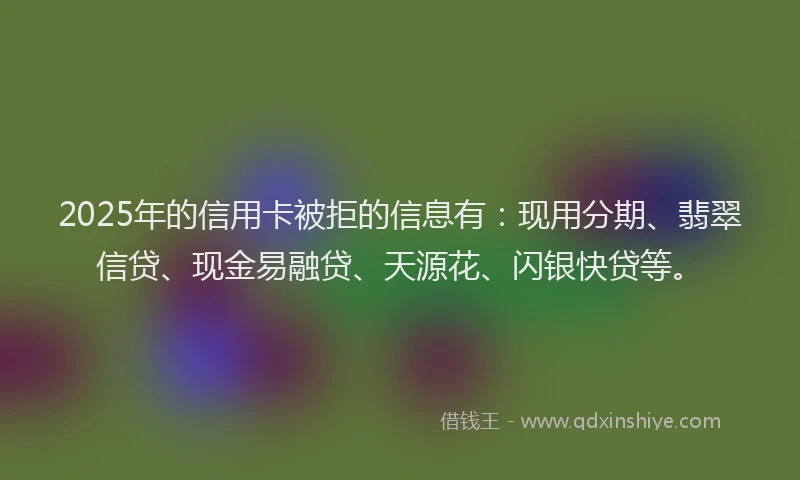 2025年的信用卡被拒的信息有：现用分期、翡翠信贷、现金易融贷、天源花、闪银快贷等。