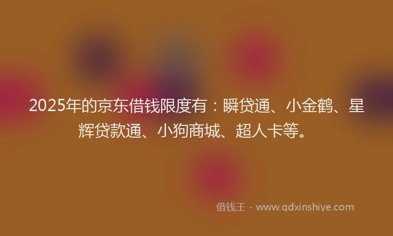 2025年的京东借钱限度有：瞬贷通、小金鹤、星辉贷款通、小狗商城、超人卡等。
