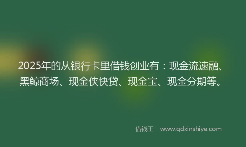 2025年的从银行卡里借钱创业有：现金流速融、黑鲸商场、现金侠快贷、现金宝、现金分期等。