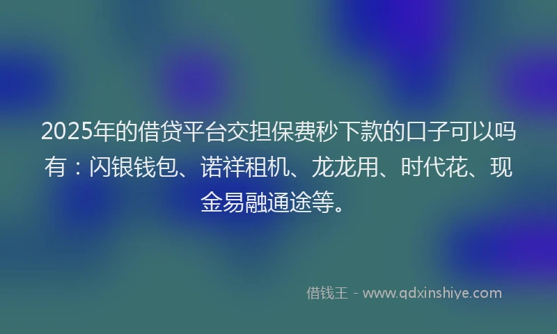 2025年的借贷平台交担保费秒下款的口子可以吗有：闪银钱包、诺祥租机、龙龙用、时代花、现金易融通途等。