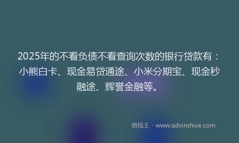 2025年的不看负债不看查询次数的银行贷款有：小熊白卡、现金易贷通途、小米分期宝、现金秒融途、辉誉金融等。